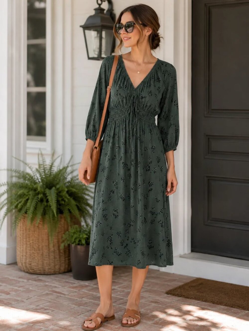 Universal Thread Floral Linen-Blend Midi Dress Green Black XXL